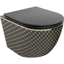 Záchodová misa Mexen Lena Rimless so štíhlym soft-close sedadlom, Duroplast, čierno/zlatý kockovaný vzor - 30224079