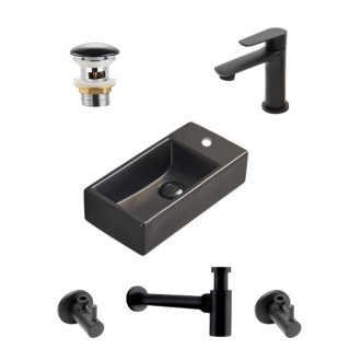 Kúpeľňový set pravého závesného umývadla Brevis 40,5 cm, pákové batérie, sifónu, prietokové zátky a roháčikov v čiernej farbe KSETBRE2PBKM