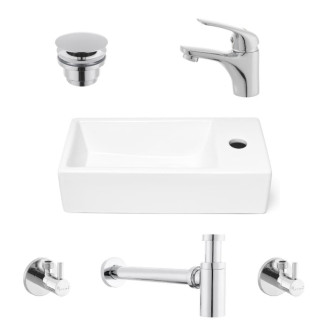 Kúpeľňový set pravého závesného umývadla Brevis 40,5 cm, pákové batérie, sifónu, prietočnej zátky a roháčikov KSETBRE2P