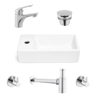 Kúpeľňový set závesného ľavého umývadla Brevis, pákovej batérie, sifónu, prietočnej zátky a roháčikov KSETBRE2L