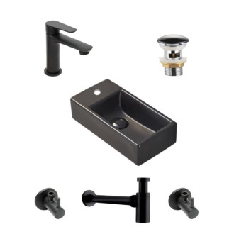 Kúpeľňový set ľavého závesného umývadla Brevis 40,5 cm, pákové batérie, sifónu, prietokové zátky a roháčikov v čiernej farbe KSETBRE2LBKM