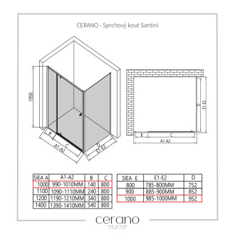 CERANO - Sprchovací kút Santini Ľ/P - 6 mm - chróm, transparentné sklo - 100x100x195 cm - pivotový