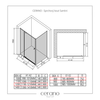 CERANO - Sprchovací kút Santini Ľ/P - 6 mm - chróm, transparentné sklo - 120x80x195 cm - pivotový