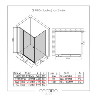 CERANO - Sprchovací kút Santini Ľ/P - 6 mm - chróm, transparentné sklo - 120x90x195 cm - pivotový