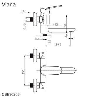 Mereo Viana vaňová batéria nástenná 150 mm so sklopným ramienkom, CBE90203