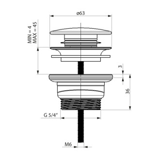Umývadlová výpusť 5/4“, click-clack, veľká zátka, 4-45mm, ABS/nerez 58685
