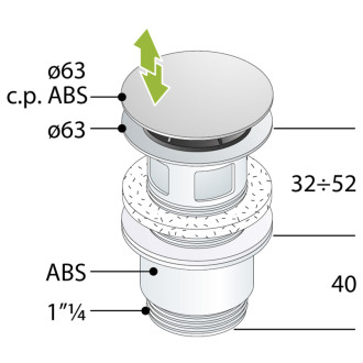 Umývadlová výpusť 5/4“, click-clack, veľká zátka, 32-52mm, ABS/chróm 56375