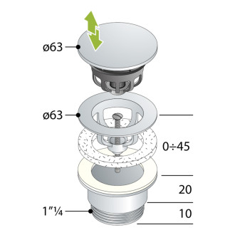 Umývadlová výpusť 5/4“, click-clack, veľká zátka, 10-45mm, biela mat 7532.310.5XD 58943