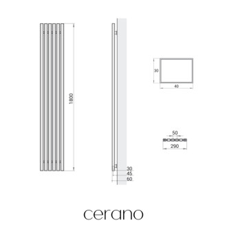 CERANO - Kúpeľňový radiátorový set Pyricus - kombinované vykurovanie, termo tyč - stredové pripojenie 50 mm - 721W - čierna matná - 1800x290 mm