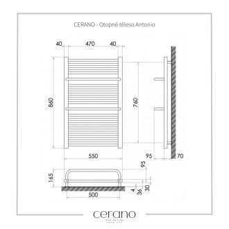 CERANO - Kúpeľňový radiátor Antonio - bočné pripojenie - 484W - čierna matná - 860x550 mm
