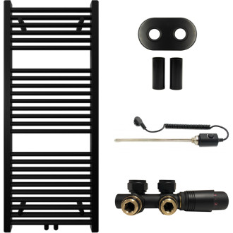 CERANO - Kúpeľňový radiátorový set Lincoln - kombinované vykurovanie, termo tyč - stredové pripojenie 50 mm - 300W - čierna matná - 1200x500 mm