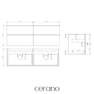 CERANO - Kúpeľňová skrinka Carole s doskou pod umývadlo - 18 mm - betónovo šedá - 141x49,8x46,5 cm