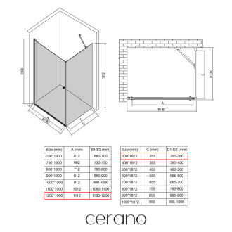 CERANO - Sprchovací kút Antelo L/P - 6 mm - čierna matná, transparentné sklo - 120x30x190 cm - otočný