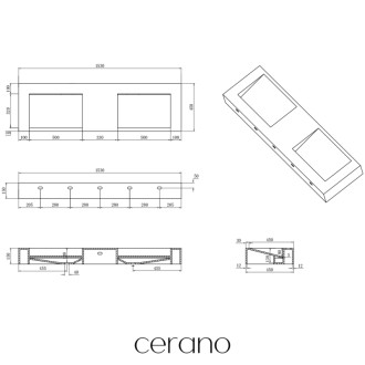 CERANO - Umývadlo z liateho mramoru Piano - nástenné - biela matná - 153x44 cm