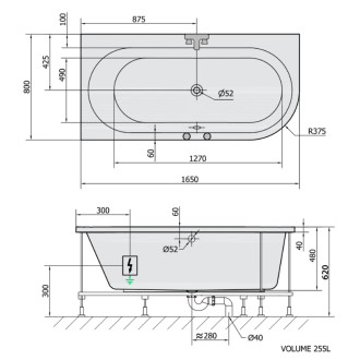 ASTRA L hydromasážna vaňa, 165x80x48cm, Attraction Hydro, chróm 56850