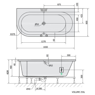 ASTRA R hydromasážna vaňa, 165x80x48cm, Highline Hydro, chróm 56858