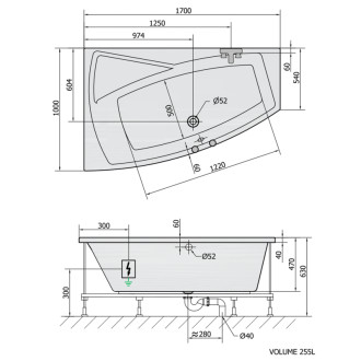 EVIA L hydromasážna vaňa, 170x100x47cm, Highline Hydro, chróm 56960