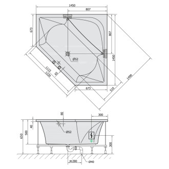 FLOSS hydromasážna vaňa, 145x145x50cm, Active Hydro, chróm 56968