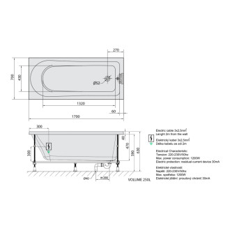 LISA hydromasážna vaňa, 170x70x47cm, Highline Hydro, chróm 57050