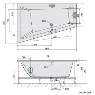 TRIANGL L hydromasážna vaňa, 180x120x50cm, Highline Hydro, chróm 57266
