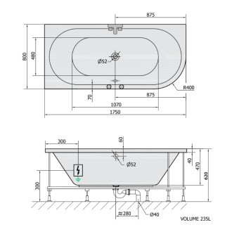 VIVA L hydromasážna vaňa, 175x80x47cm, Attraction Hydro-Air, chróm 57277