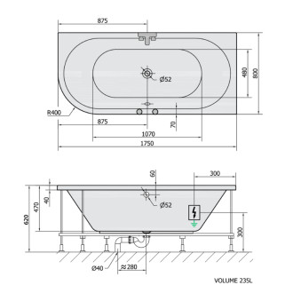 VIVA R hydromasážna vaňa, 175x80x47cm, Active Hydro-Air, chróm 57281