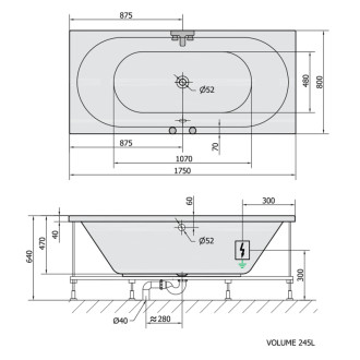 VIVA B hydromasážna vaňa, 175x80x47cm, Highline Hydro-Air, chróm 57291