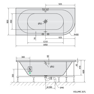 VIVA L hydromasážna vaňa, 185x80x47cm, Active Hydro, chróm 57298