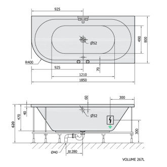 VIVA R hydromasážna vaňa, 185x80x47cm, Highline Hydro, chróm 57308