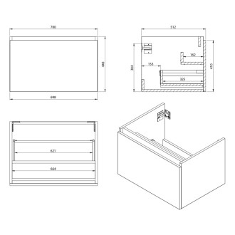 LOREA umývadlová skrinka 70x44x51, 2cm, 1x zásuvka, dub/čierna mat LE070-1935 53694