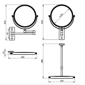 GAIA kozmetické zrkadlo závesné, Ø 230mm, obojstranné, gun metal