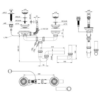 Drezový sifón s prepadom, ovládaním a odbočkou, 6/4&quot;, pre dvojdrez, vrátane pilety, DN40, biela