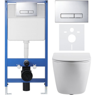 CERANO - Kompletný podomietkový WC set Lite/Cesso - biela matná - WC tlačidlo Slim, chróm - predstenová inštalácia / sadrokartón - 49x36 cm