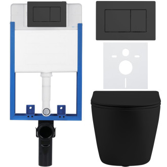 CERANO - Kompletný podomietkový WC set Lite/Cesso - čierna matná - WC tlačidlo Classic, čierne matné - na zamurovanie - 49x36 cm