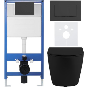 CERANO - Kompletný podomietkový WC set Lite/Cesso - čierna matná - WC tlačidlo Classic, čierne matné - predstenová inštalácia / sadrokartón - 49x36 cm