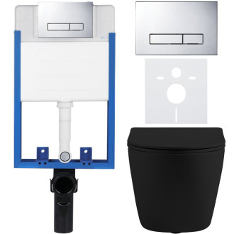 CERANO - Kompletný podomietkový WC set Lite/Cesso - čierna matná - WC tlačidlo Slim, chróm - na zamurovanie - 49x36 cm