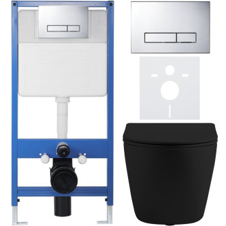 CERANO - Kompletný podomietkový WC set Lite/Cesso - čierna matná - WC tlačidlo Slim, chróm - predstenová inštalácia / sadrokartón - 49x36 cm