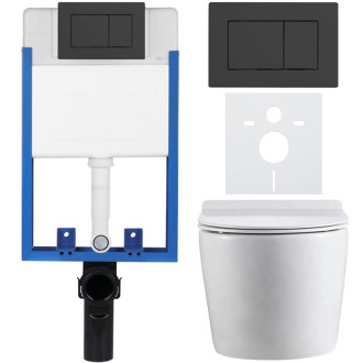 CERANO - Kompletný podomietkový WC set Lite/Felci - biela lesklá - WC tlačidlo Classic, čierne matné - na zamurovanie - 52,5x36 cm