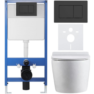 CERANO - Kompletný podomietkový WC set Lite/Felci - biela lesklá - WC tlačidlo Classic, čierne matné - predstenová inštalácia / sadrokartón - 52,5x36 