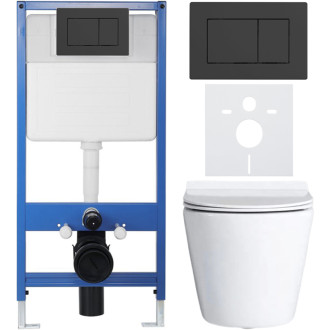 CERANO - Kompletný podomietkový WC set Lite/Norbi - biela lesklá - WC tlačidlo Classic, čierne matné - predstenová inštalácia/sadrokartón - 48,5x36,5 