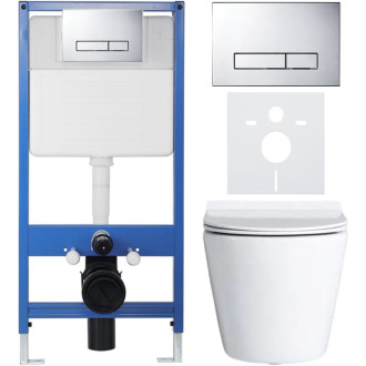 CERANO - Kompletný podomietkový WC set Lite/Norbi - biela lesklá - WC tlačidlo Slim, chróm - predstenová inštalácia / sadrokartón - 48,5x36,5 cm