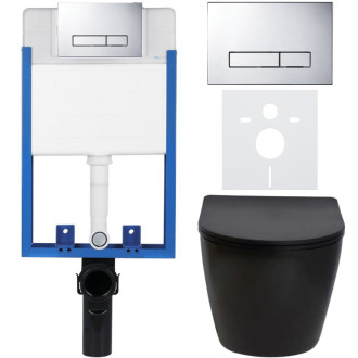 CERANO - Kompletný podomietkový WC set Lite/Verde - čierna matná - WC tlačidlo Slim, chróm - na zamurovanie - 49x36 cm