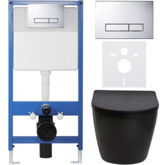 CERANO - Kompletný podomietkový WC set Lite/Verde - čierna matná - WC tlačidlo Slim, chróm - predstenová inštalácia / sadrokartón - 49x36 cm