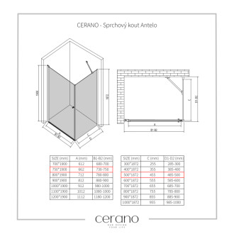 CERANO - Sprchovací kút Antelo L/P - 6 mm - čierna matná, transparentné sklo - 75x50x190 cm - otočný