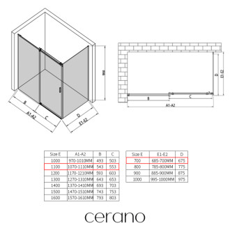 CERANO - Sprchovací kút Santoro Ľ/P - 8 mm - čierna matná, transparentné sklo - 110x70x195 cm - posuvný