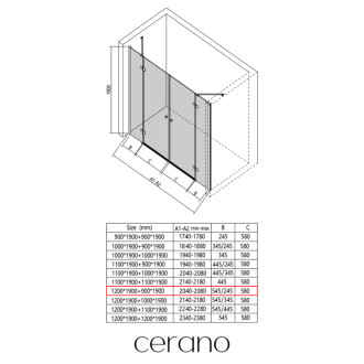 CERANO - Sprchové 2-krídlové pántové dvere Marino L/P - 6 mm - čierna matná, transparentné sklo - 120x90x190 cm