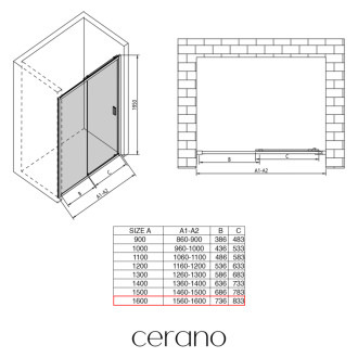 CERANO - Sprchové posuvné dvere Varone LINE Ľ/P - 6 mm - čierna matná, transparentné sklo - 160x195 cm