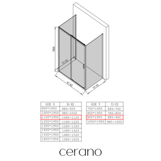 CERANO - Trojstenný sprchovací kút Varone LINE UL/P - 6 mm - čierna matná, transparentné sklo - 110x90x195 cm - posuvný
