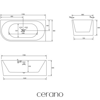 CERANO - Voľne stojaca akrylátová vaňa Bianco, pravá - biela matná - 170x80 cm