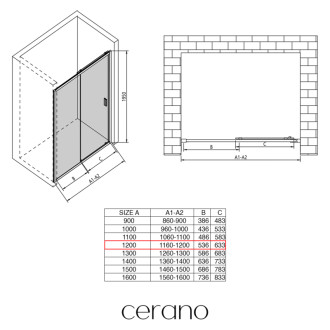 CERANO - Sprchové posuvné dvere Varone LINE Ľ/P - 6 mm - čierna matná, mliečne sklo - 120x195 cm